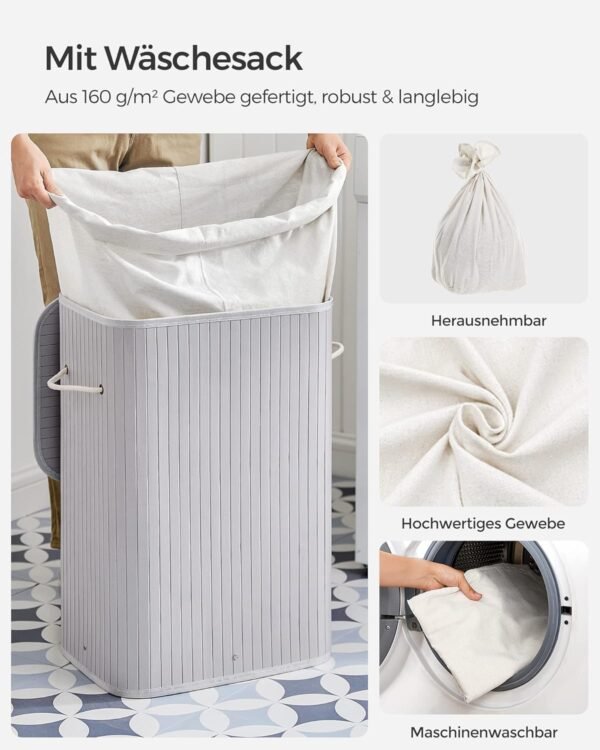 Coș de rufe cu capac, 72L, din bambus, pliabil, cu sac interior detașabil, mânere lavabile, gri (LCB010G01)