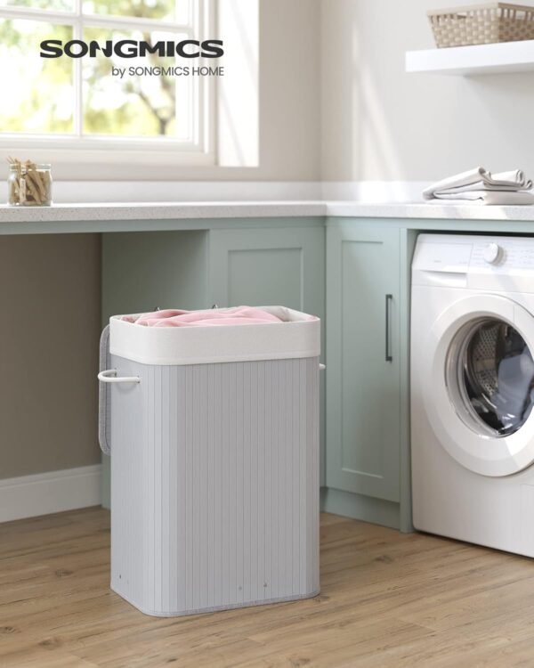 Coș de rufe cu capac, 72L, din bambus, pliabil, cu sac interior detașabil, mânere lavabile, gri (LCB010G01)