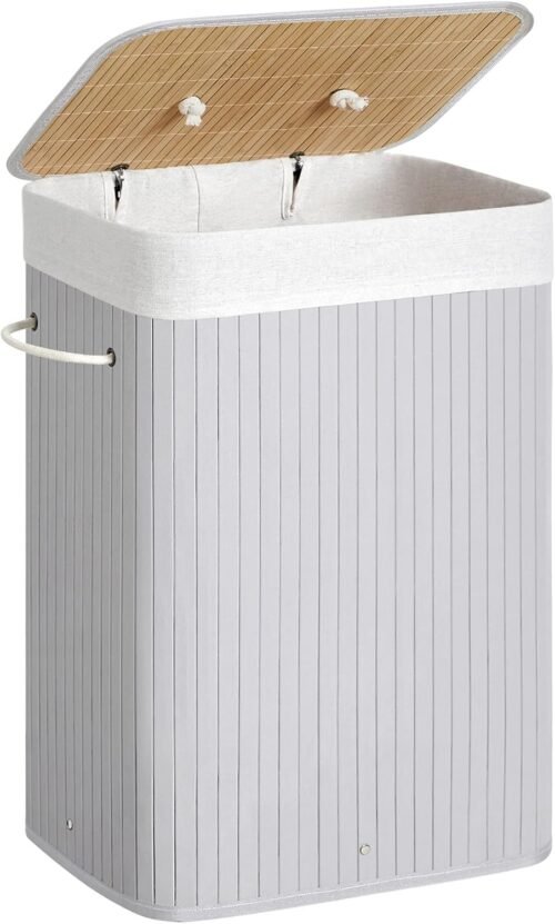 Coș de rufe cu capac, 72L, din bambus, pliabil, cu sac interior detașabil, mânere lavabile, gri (LCB010G01)