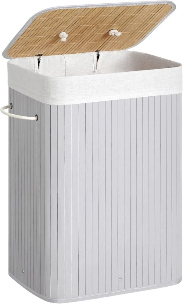 Coș de rufe cu capac, 72L, din bambus, pliabil, cu sac interior detașabil, mânere lavabile, gri (LCB010G01)