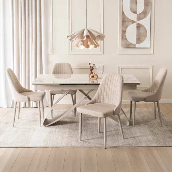 LUIGI 160-240 cm Set masă albă din marmură/cașmir și 4 scaune TORINO crem — MOBILA