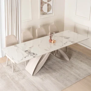 LUIGI 160-240 cm Set masă albă din marmură/cașmir și 4 scaune TORINO crem — MOBILA