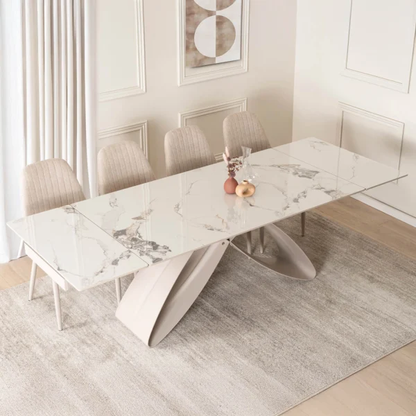 LUIGI 160-240 cm Set masă albă din marmură/cașmir și 4 scaune TORINO crem — MOBILA