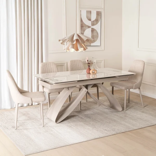LUIGI 160-240 cm Set masă albă din marmură/cașmir și 4 scaune TORINO crem — MOBILA