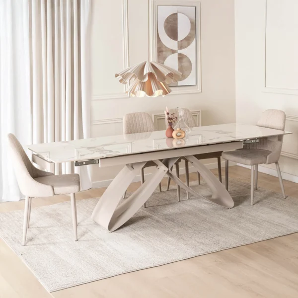 LUIGI 160-240 cm Set masă albă din marmură/cașmir și 4 scaune TORINO crem — MOBILA