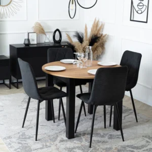 Set HARRY Masă 102-142 cm Craft Oak/Negru și 4 ROBIN 2 Scaune Negru — MOBILA