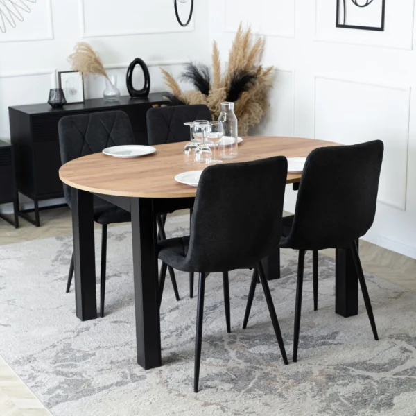 Set HARRY Masă 102-142 cm Craft Oak/Negru și 4 ROBIN 2 Scaune Negru — MOBILA