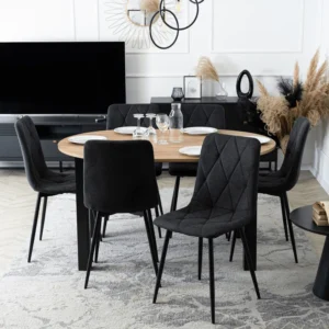 Set HARRY Masă 102-142 cm Craft Oak/Negru și 6 ROBIN 2 Scaune Negru — MOBILA