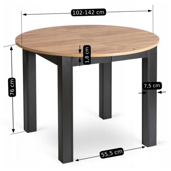 Set HARRY Masă 102-142 cm Craft Oak/Negru și 6 ROBIN 2 Scaune Negru — MOBILA