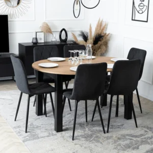 Set HARRY Masă 102-142 cm Craft Oak/Negru și 6 ROBIN 2 Scaune Negru — MOBILA