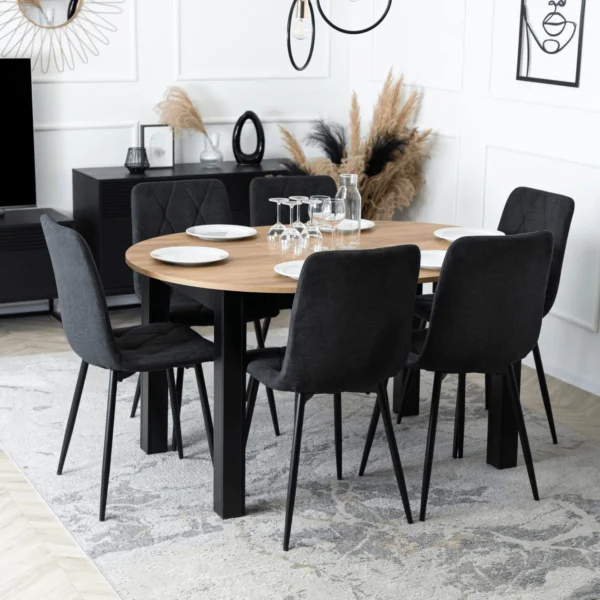Set HARRY Masă 102-142 cm Craft Oak/Negru și 6 ROBIN 2 Scaune Negru — MOBILA