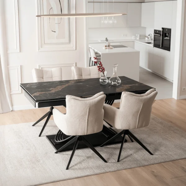 set-ibiza-masa-160-240-cm-black-marble-negru-si-4-scaune-july-cream-2 Set IBIZA Masă 160-240 cm Black Marble/Negru și 4 Scaune JULY Cream — MOBILA