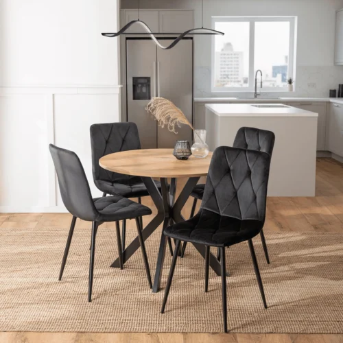 set-lauren-90-cm-stejar-aur-negru-si-4-scaune-robin-negru-1 Set compus din masa LAUREN de 90 cm, stejar auriu/negru, și 4 scaune ROBIN negre — MOBILA