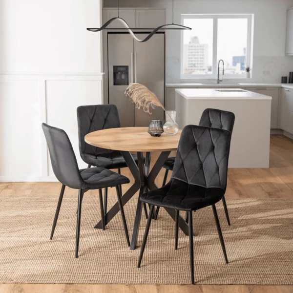 Set LAUREN 90 cm stejar aur/negru și 4 scaune ROBIN negru — MOBILA