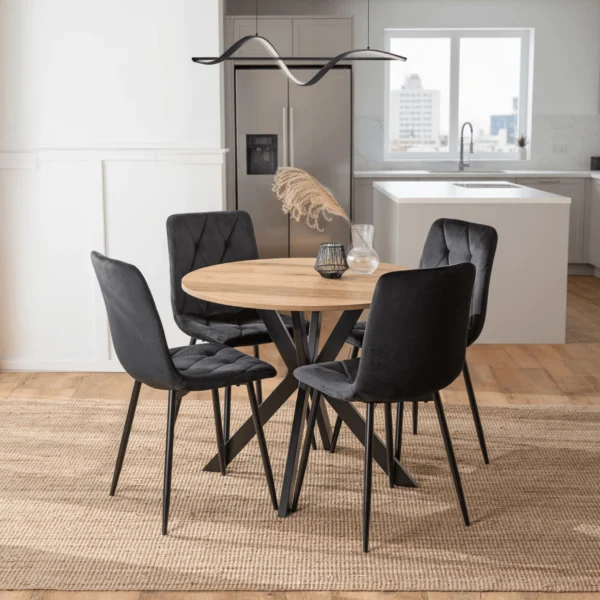 Set LAUREN 90 cm stejar aur/negru și 4 scaune ROBIN negru — MOBILA
