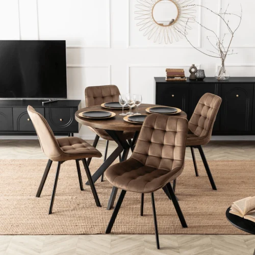 set-lukas-masa-100-250-cm-stejar-rustic-negru-si-4-scaune-rick-maro-1 Set compus din masa LUKAS 100-250 cm, stejar rustic/negru, și 4 scaune RICK maro — MOBILA