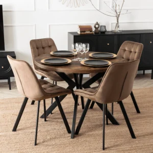Set LUKAS masă 100-250 cm stejar rustic/negru și 4 scaune RICK maro — MOBILA