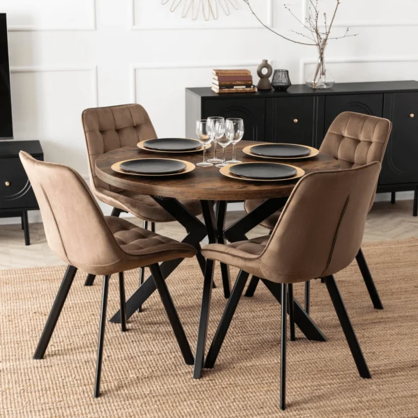 Set LUKAS masă 100-250 cm stejar rustic/negru și 4 scaune RICK maro — MOBILA