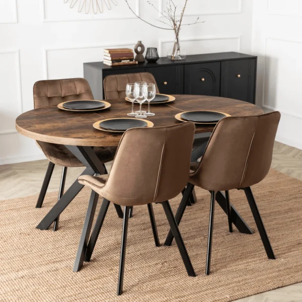 Set LUKAS masă 100-250 cm stejar rustic/negru și 4 scaune RICK maro — MOBILA