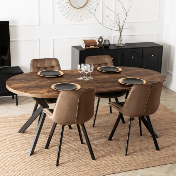 Set LUKAS masă 100-250 cm stejar rustic/negru și 4 scaune RICK maro — MOBILA