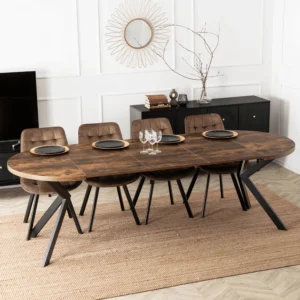 Set LUKAS masă 100-250 cm stejar rustic/negru și 4 scaune RICK maro — MOBILA