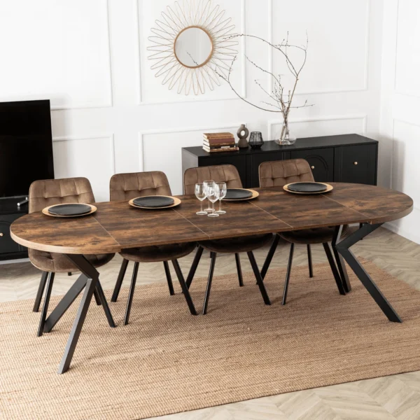 Set LUKAS masă 100-250 cm stejar rustic/negru și 4 scaune RICK maro — MOBILA