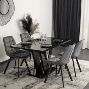 set-masa-clark-120-160-cm-negru-lucios-si-4-scaune-rick-gri-3 Set masă CLARK 120-160 cm negru lucios și 4 scaune RICK gri — MOBILA