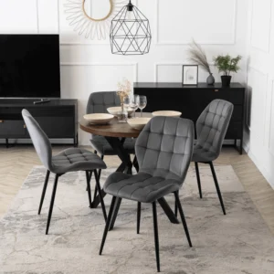 Set masă DORIAN 80-160 cm stejar rustic/negru și 4 scaune LUCKY gri — MOBILA