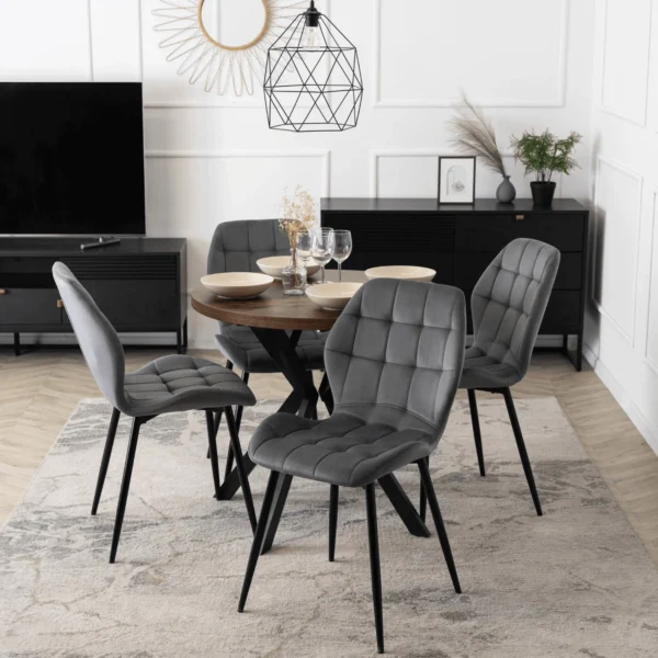 Set masă DORIAN 80-160 cm stejar rustic/negru și 4 scaune LUCKY gri — MOBILA