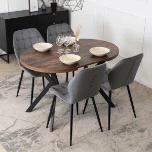 Set masă DORIAN 80-160 cm stejar rustic/negru și 4 scaune LUCKY gri — MOBILA