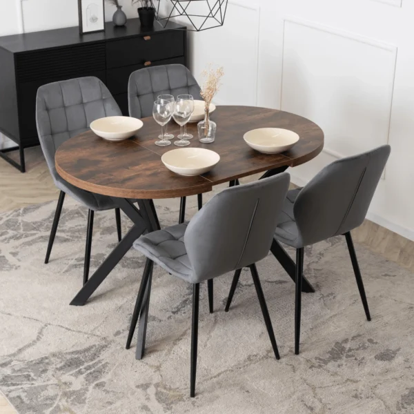 Set masă DORIAN 80-160 cm stejar rustic/negru și 4 scaune LUCKY gri — MOBILA