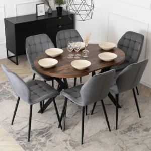 set-masa-dorian-80-160-cm-stejar-rustic-negru-si-6-scaune-lucky-gri-2 Set compus din masa DORIAN 80-160 cm, stejar rustic/negru, și 6 scaune LUCKY gri — MOBILA