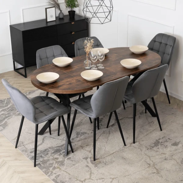 set-masa-dorian-80-160-cm-stejar-rustic-negru-si-6-scaune-lucky-gri-3 Set compus din masa DORIAN 80-160 cm, stejar rustic/negru, și 6 scaune LUCKY gri — MOBILA