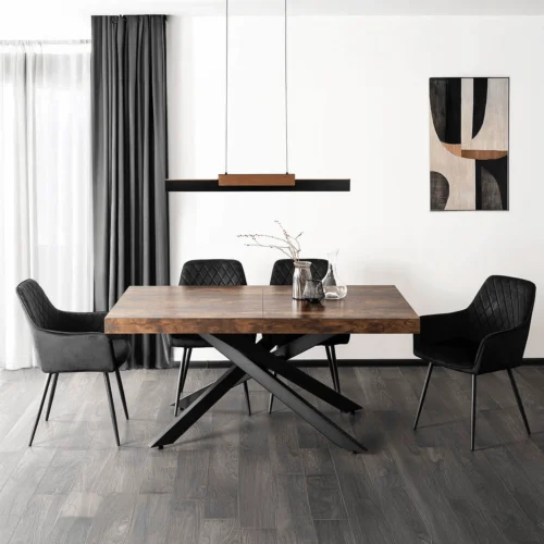 set-masa-hampton-160-240-cm-stejar-rustic-negru-si-4-scaune-bresso-negre-1 Set compus din masa HAMPTON 160-240 cm, stejar rustic/negru, și 4 scaune BRESSO negre — MOBILA