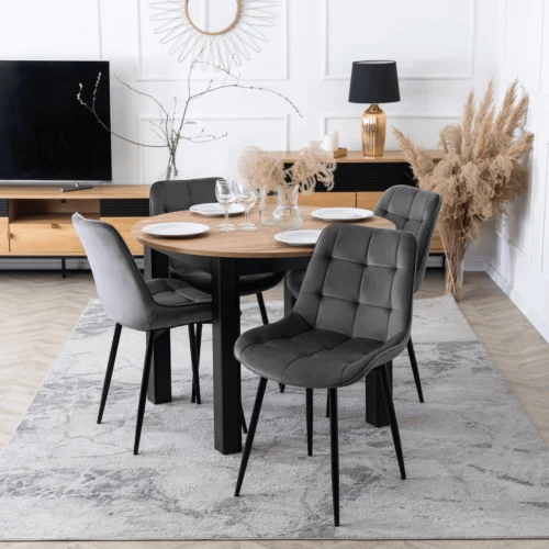 set-masa-harry-102-142-cm-craft-stejar-negru-si-4-scaune-chris-gri-1 Set compus din masa HARRY 102-142 cm, stejar Craft/negru, și 4 scaune CHRIS, gri — MOBILA