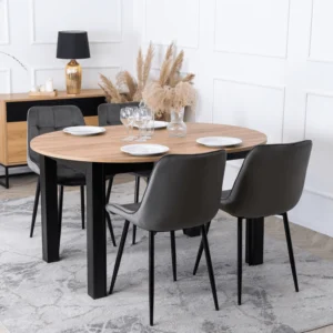 Set masă HARRY 102-142 cm Craft stejar/negru și 4 scaune CHRIS gri — MOBILA