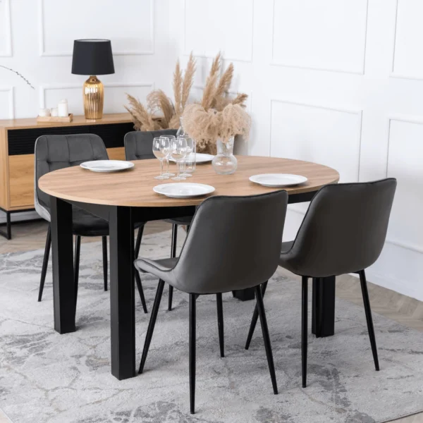 Set masă HARRY 102-142 cm Craft stejar/negru și 4 scaune CHRIS gri — MOBILA