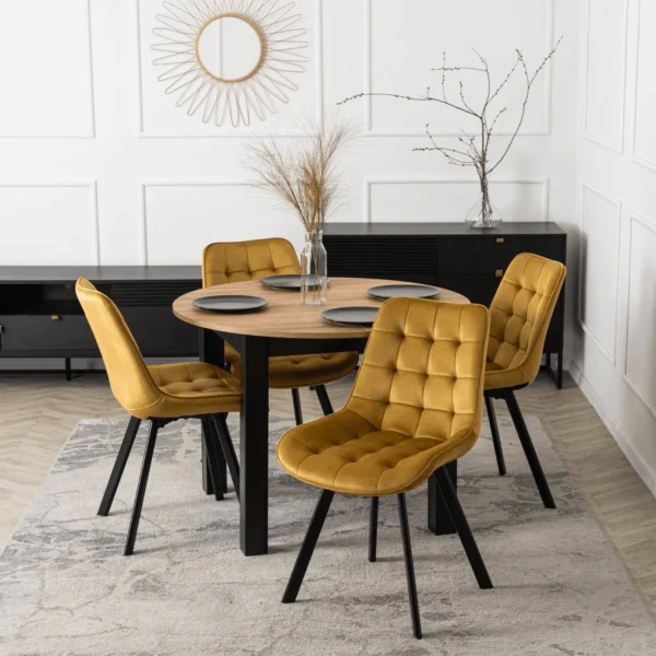 set-masa-harry-102-142-cm-craft-stejar-negru-si-4-scaune-rick-mustar-1 Set masă HARRY 102-142 cm Craft stejar/negru și 4 scaune RICK muștar — MOBILA