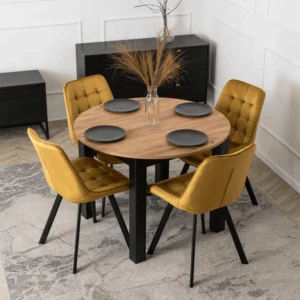 set-masa-harry-102-142-cm-craft-stejar-negru-si-4-scaune-rick-mustar-2 Set masă HARRY 102-142 cm Craft stejar/negru și 4 scaune RICK muștar — MOBILA