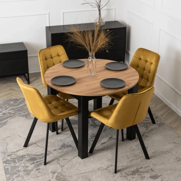 set-masa-harry-102-142-cm-craft-stejar-negru-si-4-scaune-rick-mustar-2 Set masă HARRY 102-142 cm Craft stejar/negru și 4 scaune RICK muștar — MOBILA
