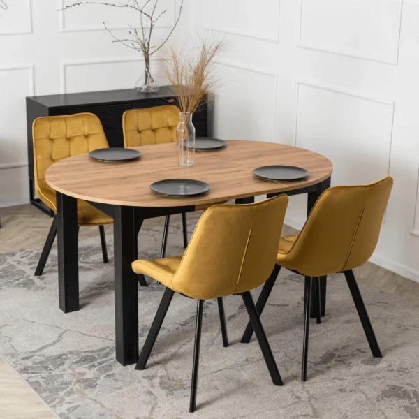 set-masa-harry-102-142-cm-craft-stejar-negru-si-4-scaune-rick-mustar-3 Set masă HARRY 102-142 cm Craft stejar/negru și 4 scaune RICK muștar — MOBILA