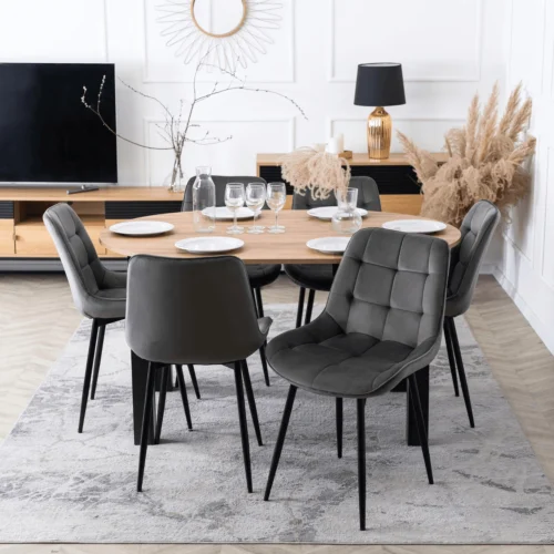 set-masa-harry-102-142-cm-craft-stejar-negru-si-6-scaune-chris-gri-1 Set compus din masa HARRY 102-142 cm, stejar Craft/negru, și 6 scaune CHRIS gri — MOBILA