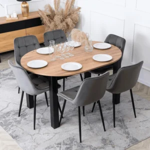Set masă HARRY 102-142 cm Craft stejar/negru și 6 scaune CHRIS gri — MOBILA