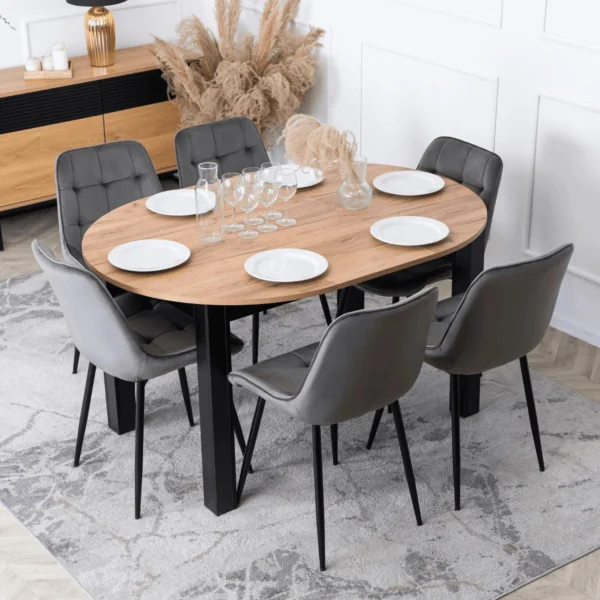Set masă HARRY 102-142 cm Craft stejar/negru și 6 scaune CHRIS gri — MOBILA