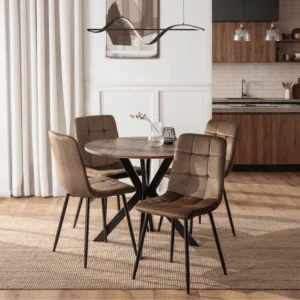 Set masă LAUREN 90 cm stejar rustic/negru și 4 scaune PERU maro — MOBILA
