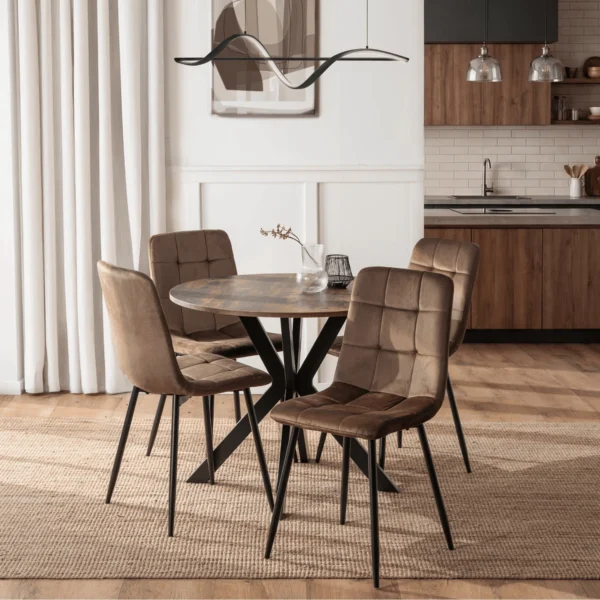 Set masă LAUREN 90 cm stejar rustic/negru și 4 scaune PERU maro — MOBILA