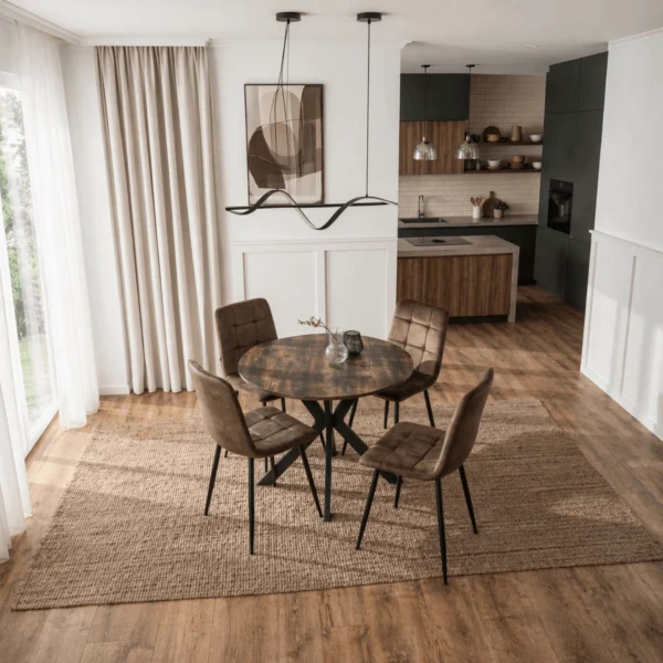 Set masă LAUREN 90 cm stejar rustic/negru și 4 scaune PERU maro — MOBILA