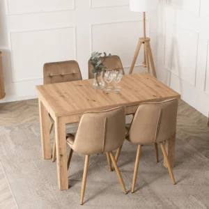 set-masa-skubi-120-160-cm-stejar-artizanal-si-4-scaune-rodri-bej-2 Set masă SKUBI 120-160 cm stejar artizanal și 4 scaune RODRI bej — MOBILA