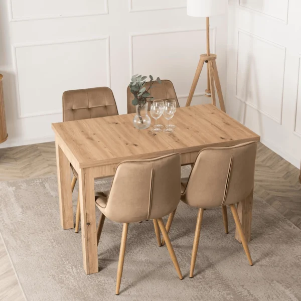 set-masa-skubi-120-160-cm-stejar-artizanal-si-4-scaune-rodri-bej-2 Set masă SKUBI 120-160 cm stejar artizanal și 4 scaune RODRI bej — MOBILA