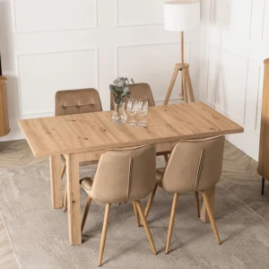 set-masa-skubi-120-160-cm-stejar-artizanal-si-4-scaune-rodri-bej-3 Set masă SKUBI 120-160 cm stejar artizanal și 4 scaune RODRI bej — MOBILA